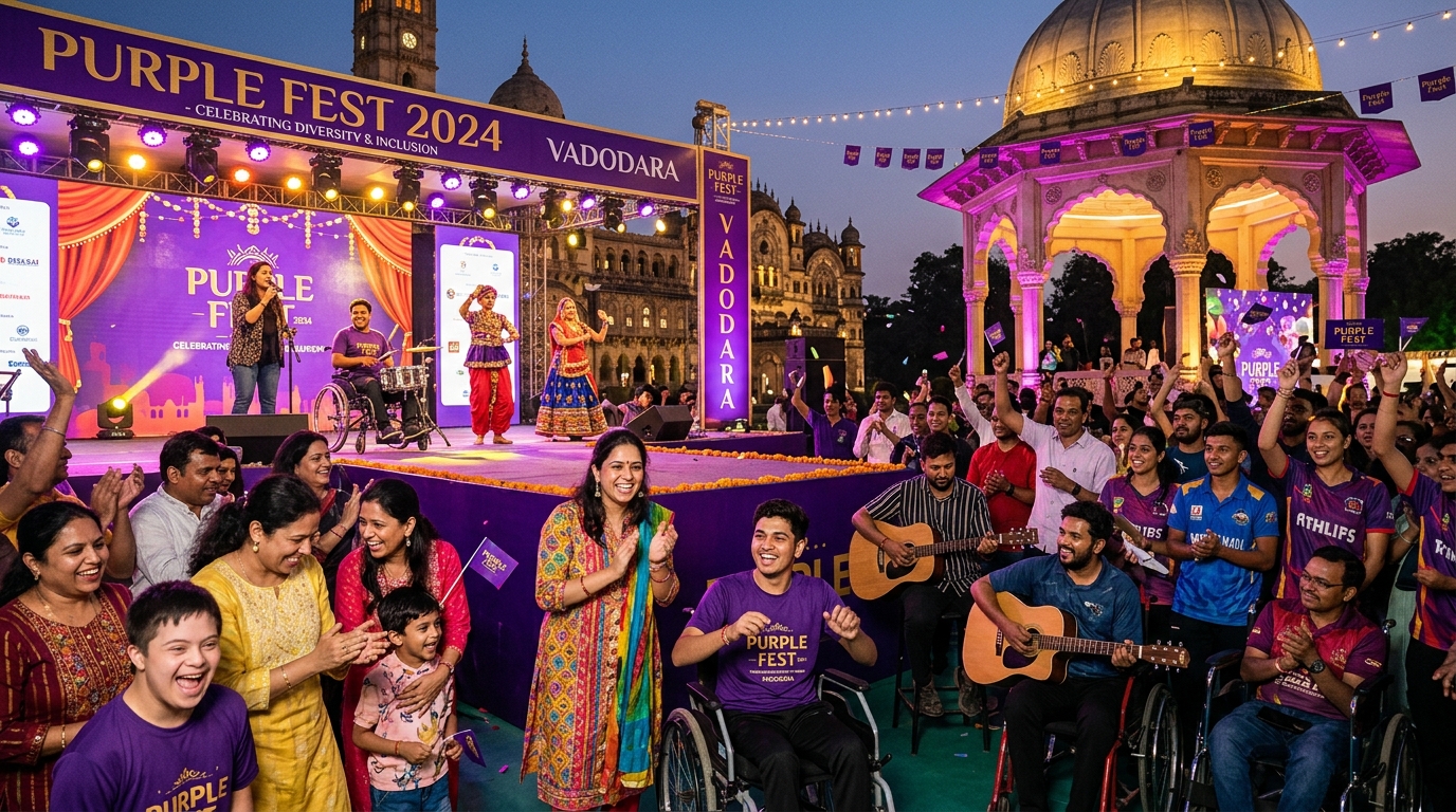 Purple Fest Vadodara celebration stage with artists, wheelchair performers and crowd
